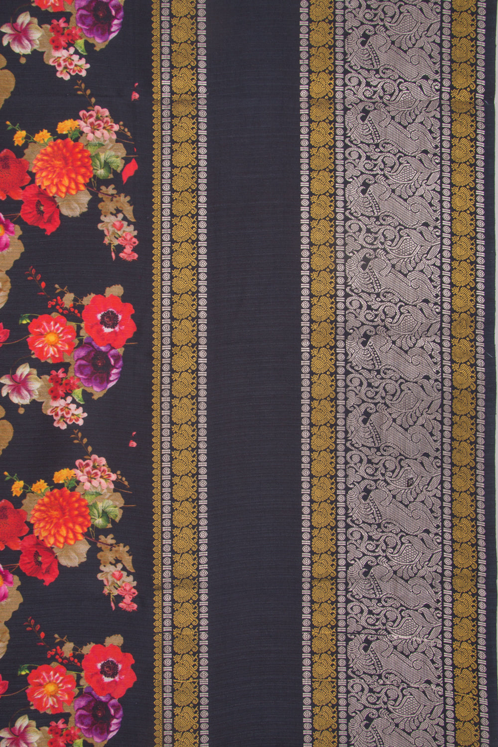 Kanchipuram Silk Floral Printed Black Saree