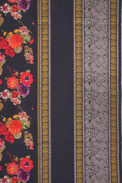 Kanchipuram Silk Floral Printed Black Saree
