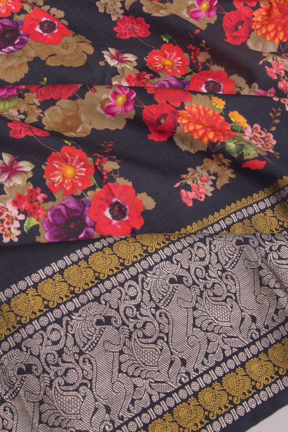Kanchipuram Silk Floral Printed Black Saree