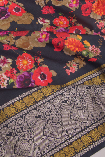 Kanchipuram Silk Floral Printed Black Saree