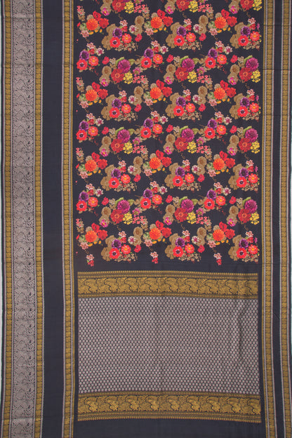 Kanchipuram Silk Floral Printed Black Saree