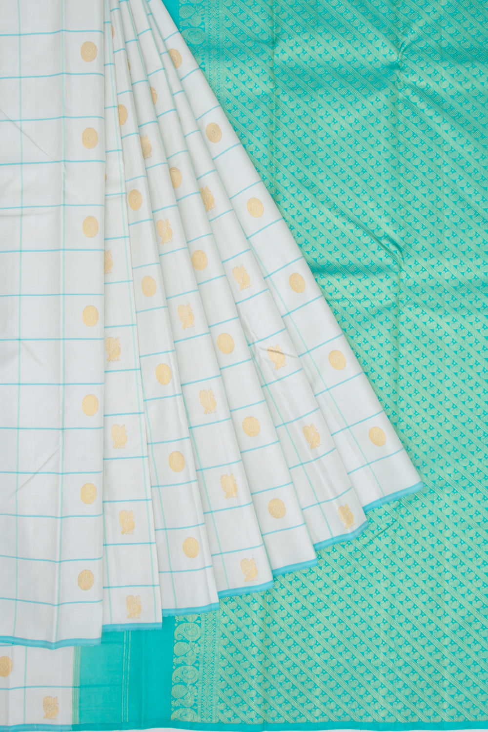 Kanchipuram Silk Checks and Butta White Saree