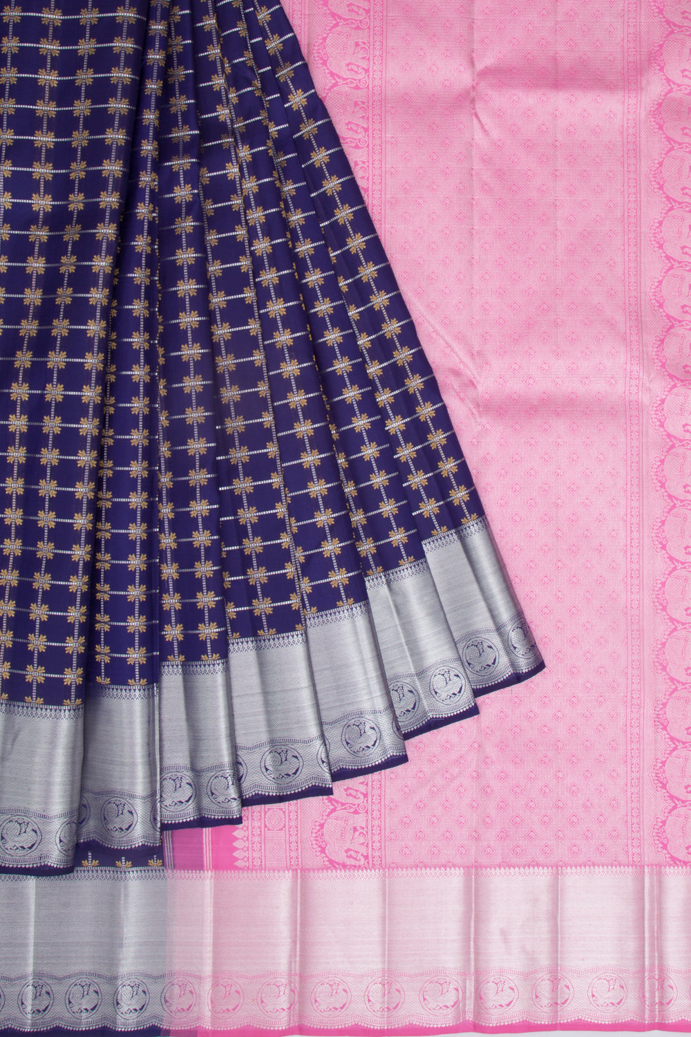 Kanchipuram Silk Checks Dark Blue Saree