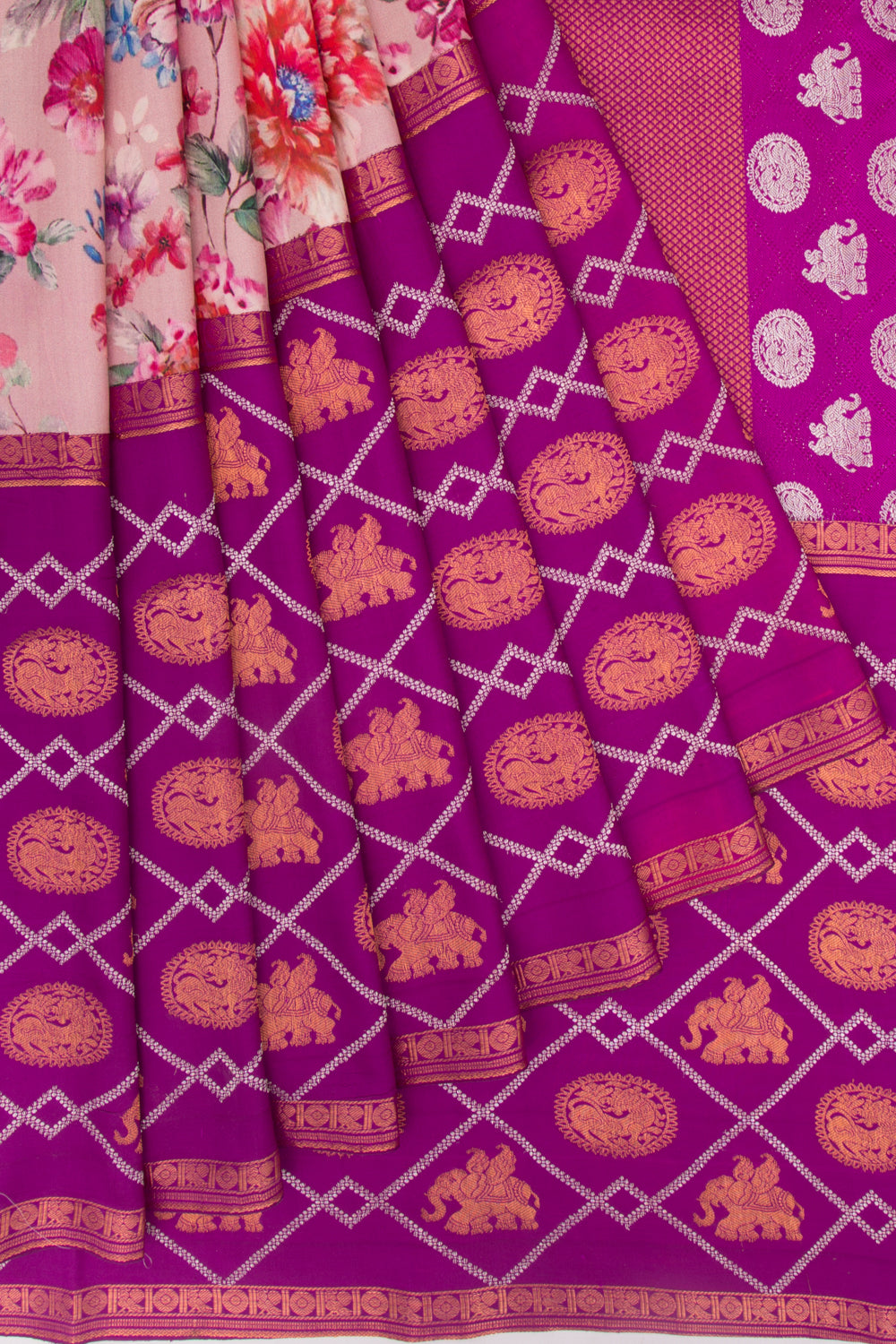 Kanchipuram Silk Floral Printed Pink Saree
