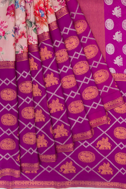 Kanchipuram Silk Floral Printed Pink Saree