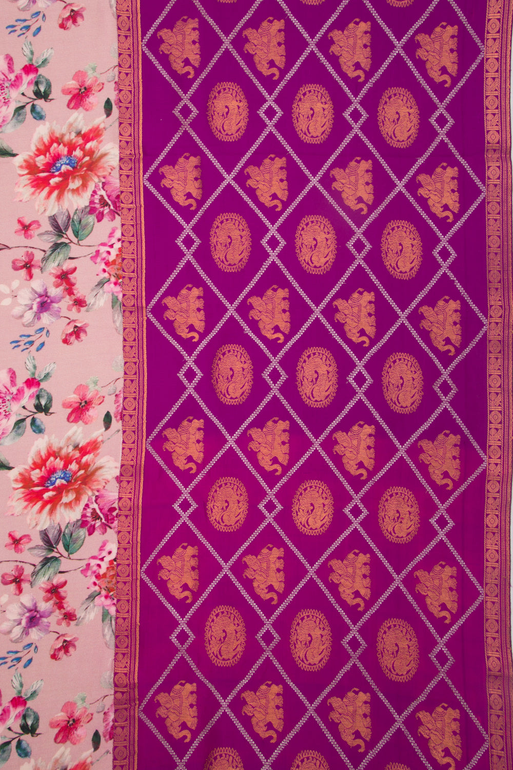 Kanchipuram Silk Floral Printed Pink Saree