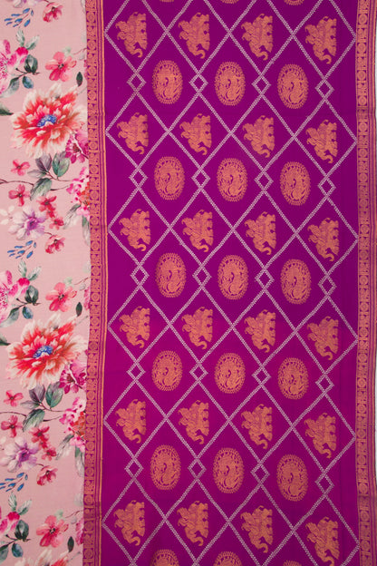 Kanchipuram Silk Floral Printed Pink Saree
