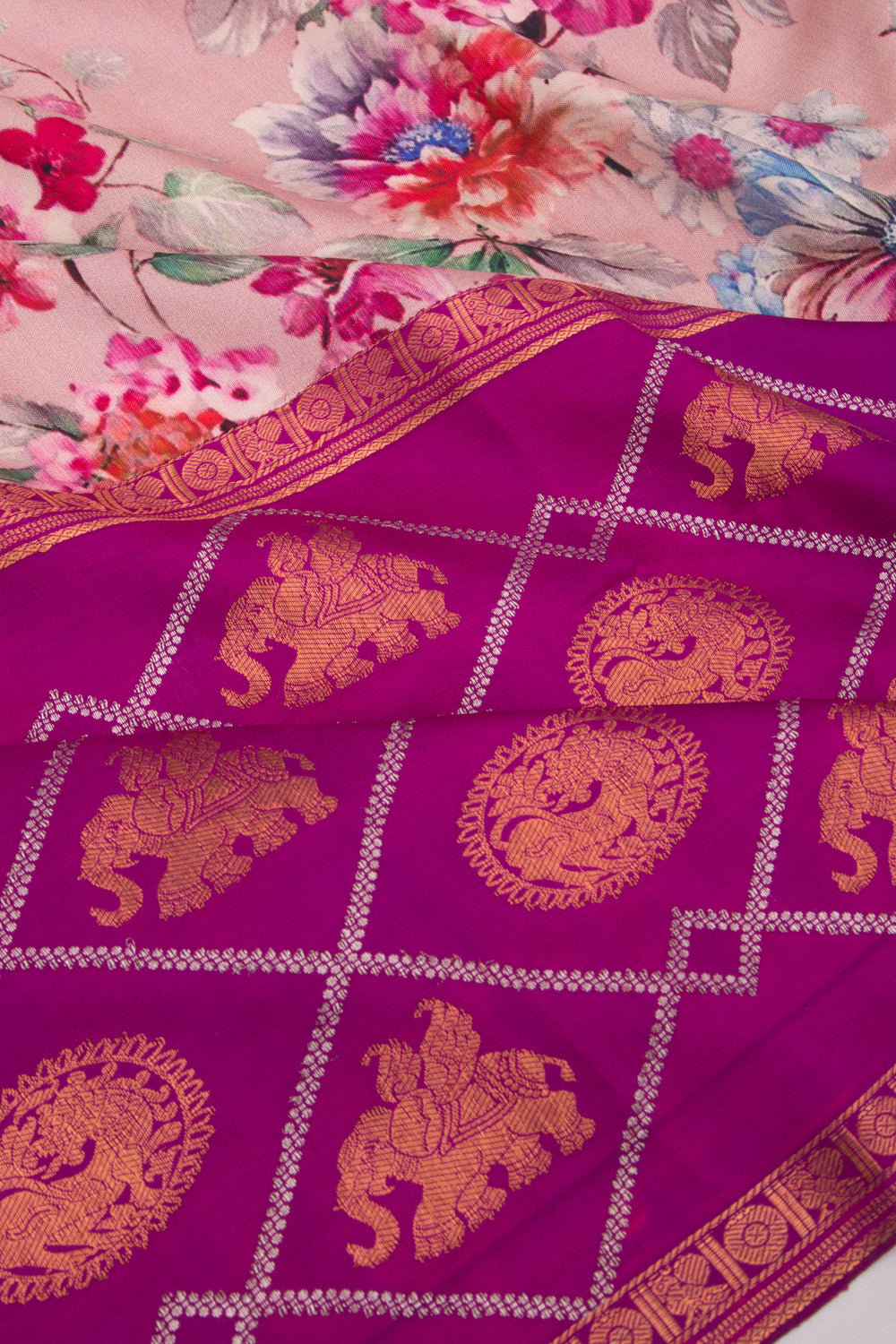 Kanchipuram Silk Floral Printed Pink Saree