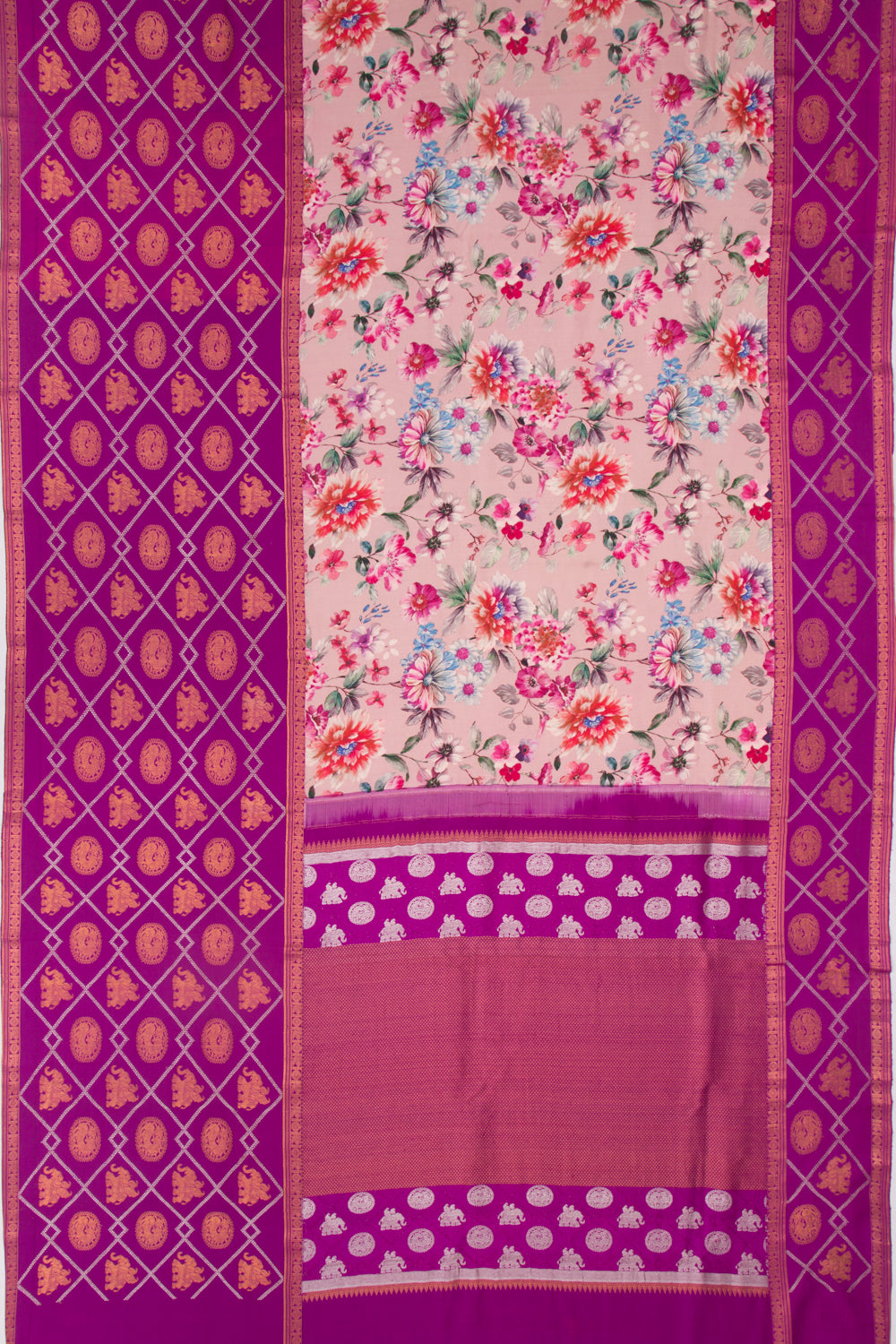 Kanchipuram Silk Floral Printed Pink Saree