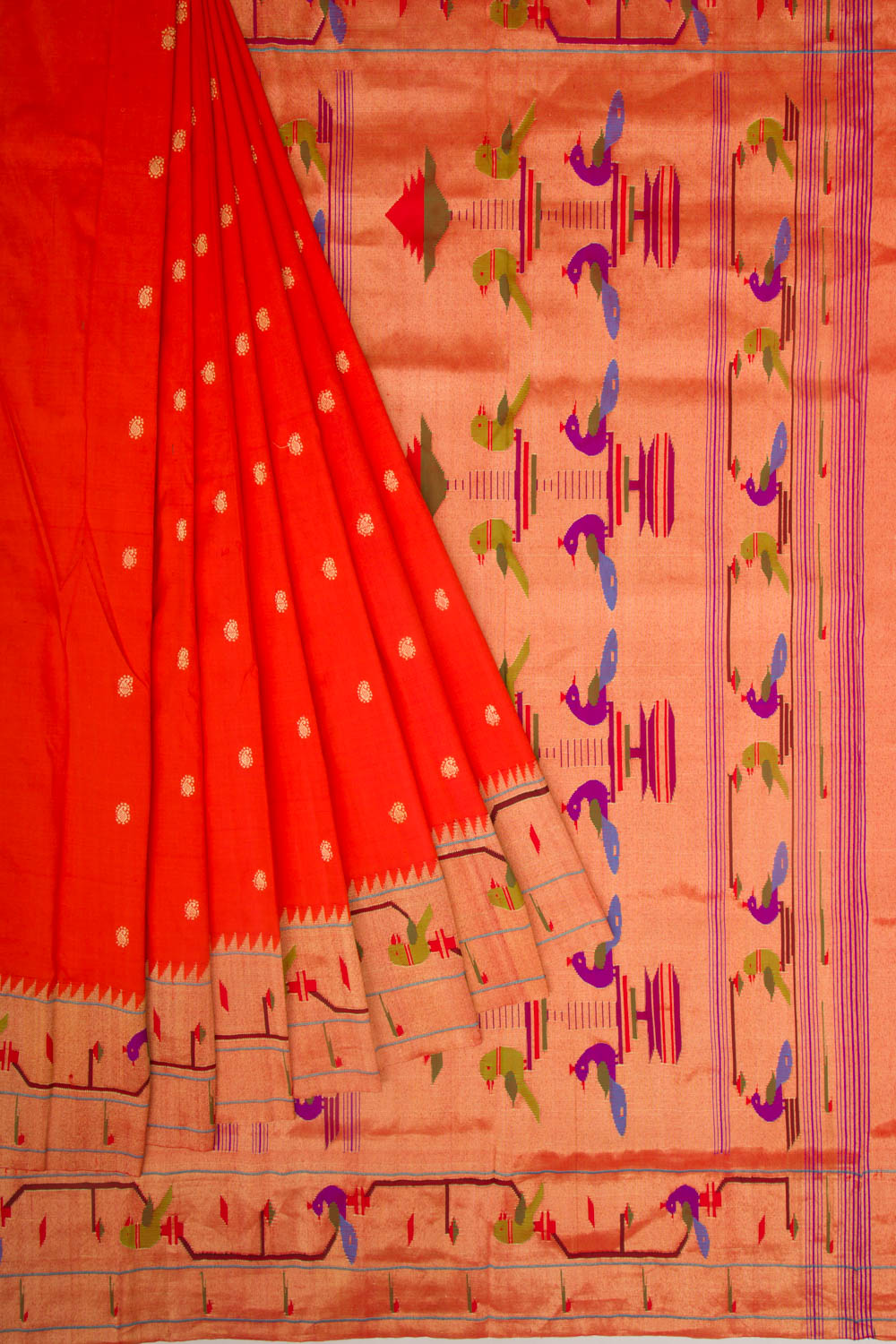 Paithani Silk Butta Red Saree With Akruthi Border