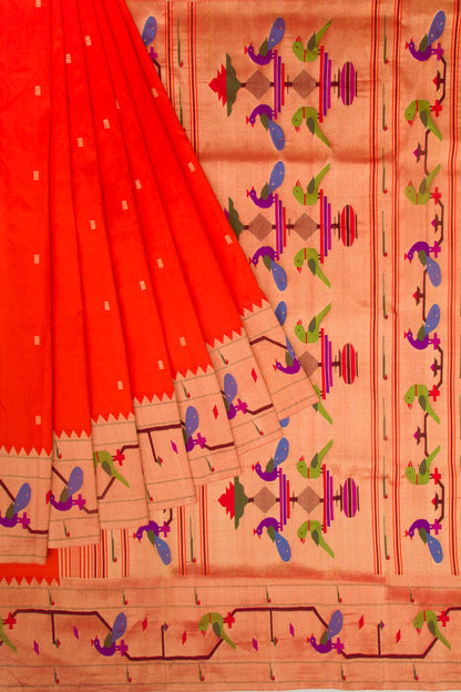 Paithani Silk Butta Orange Saree With Akruthi Border