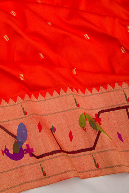 Paithani Silk Butta Orange Saree With Akruthi Border