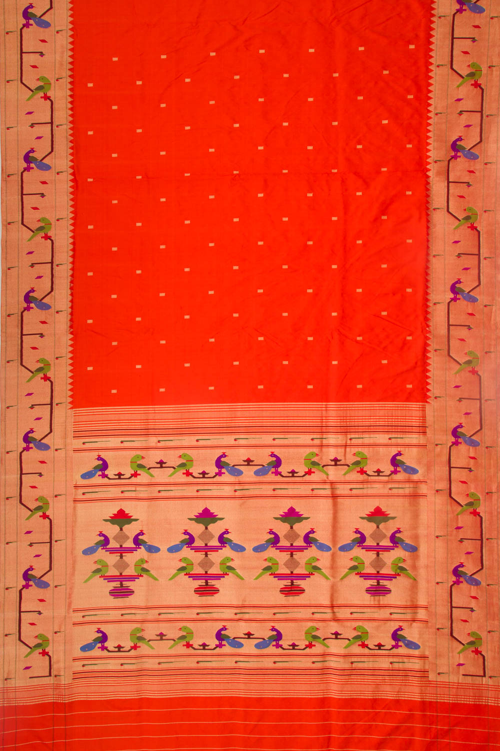 Paithani Silk Butta Orange Saree With Akruthi Border