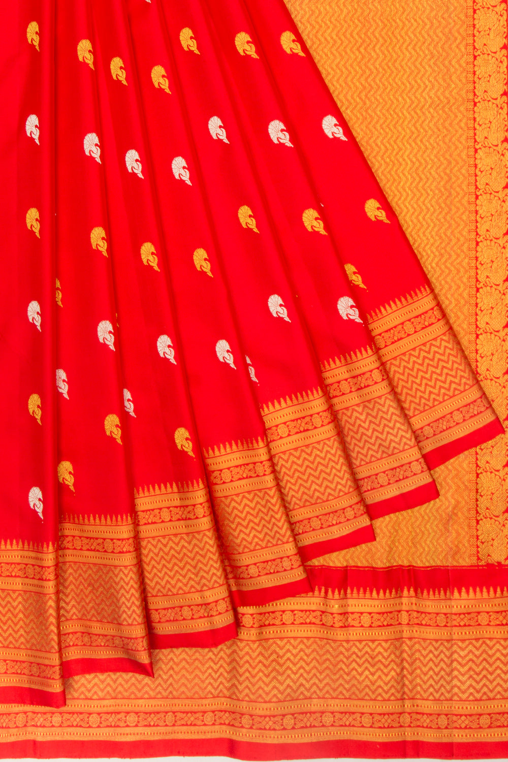 Kanchipuram Silk Twill And Butta Red Saree With Ikat Blouse