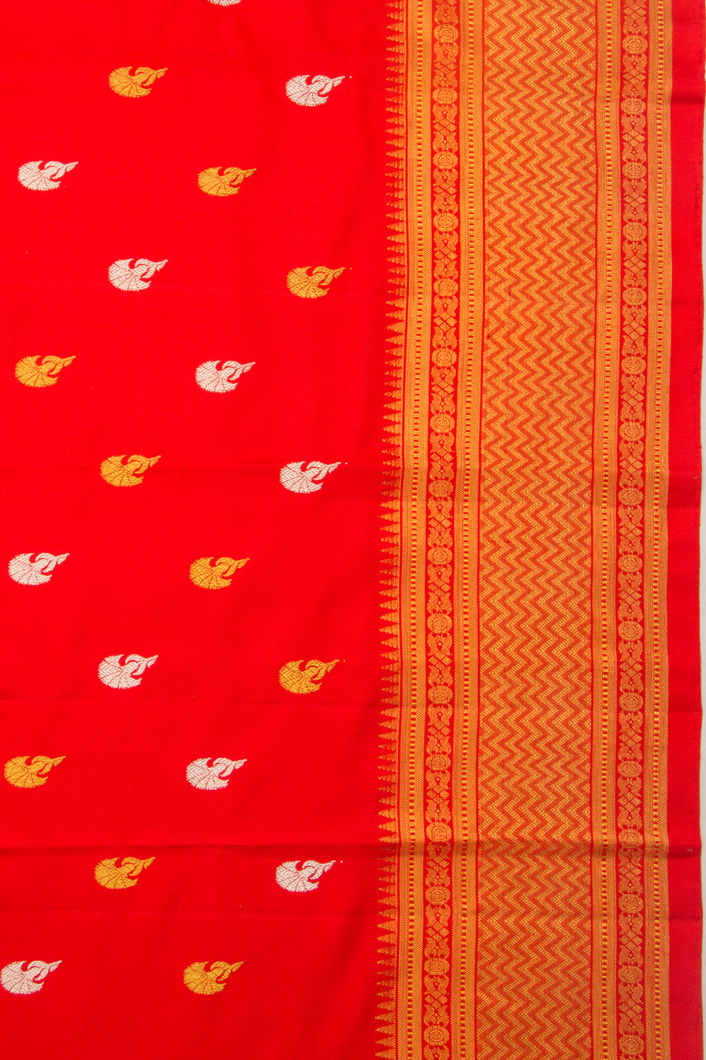 Kanchipuram Silk Twill And Butta Red Saree With Ikat Blouse
