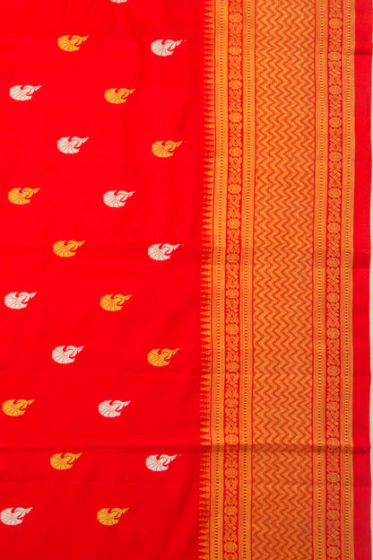 Kanchipuram Silk Twill And Butta Red Saree With Ikat Blouse