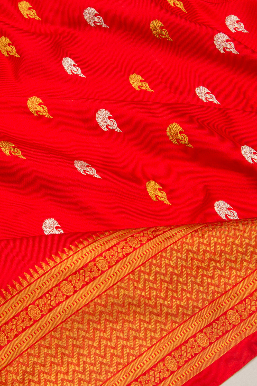 Kanchipuram Silk Twill And Butta Red Saree With Ikat Blouse