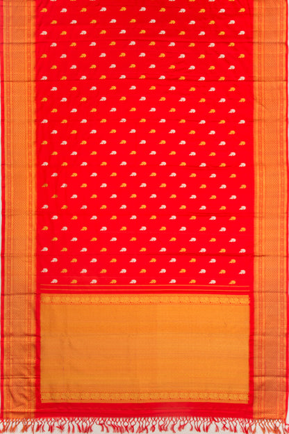 Kanchipuram Silk Twill And Butta Red Saree With Ikat Blouse