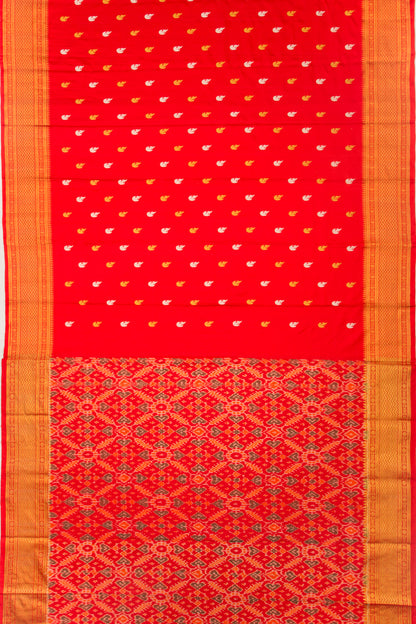 Kanchipuram Silk Twill And Butta Red Saree With Ikat Blouse
