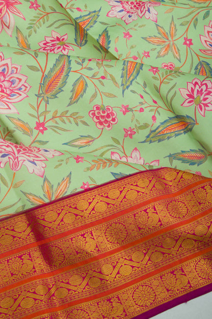 Kanchipuram Silk Floral Printed Mint Green Saree