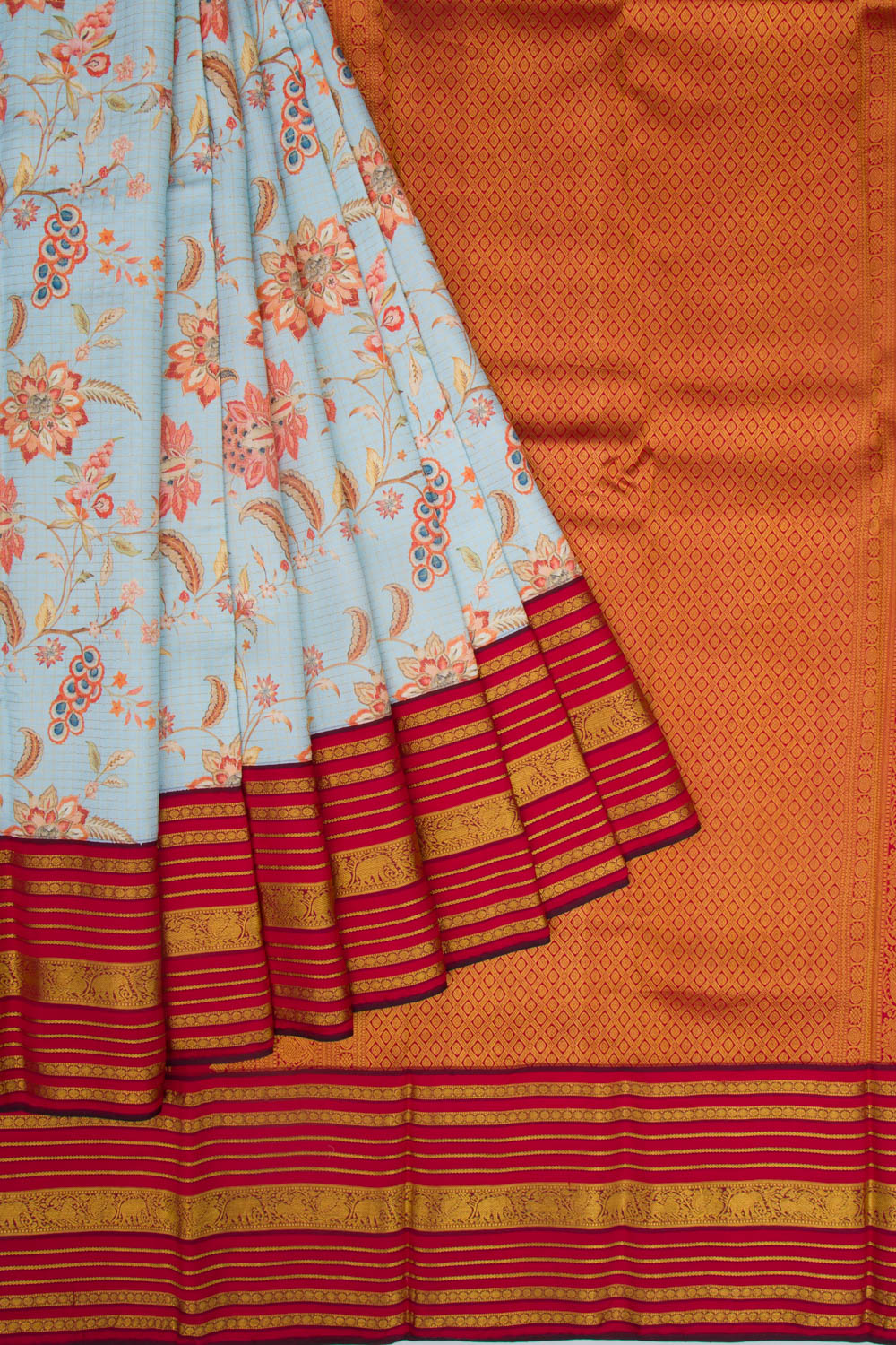 Kanchipuram Silk Checks and Floral Printed Pastel Blue Saree