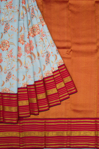 Kanchipuram Silk Checks and Floral Printed Pastel Blue Saree
