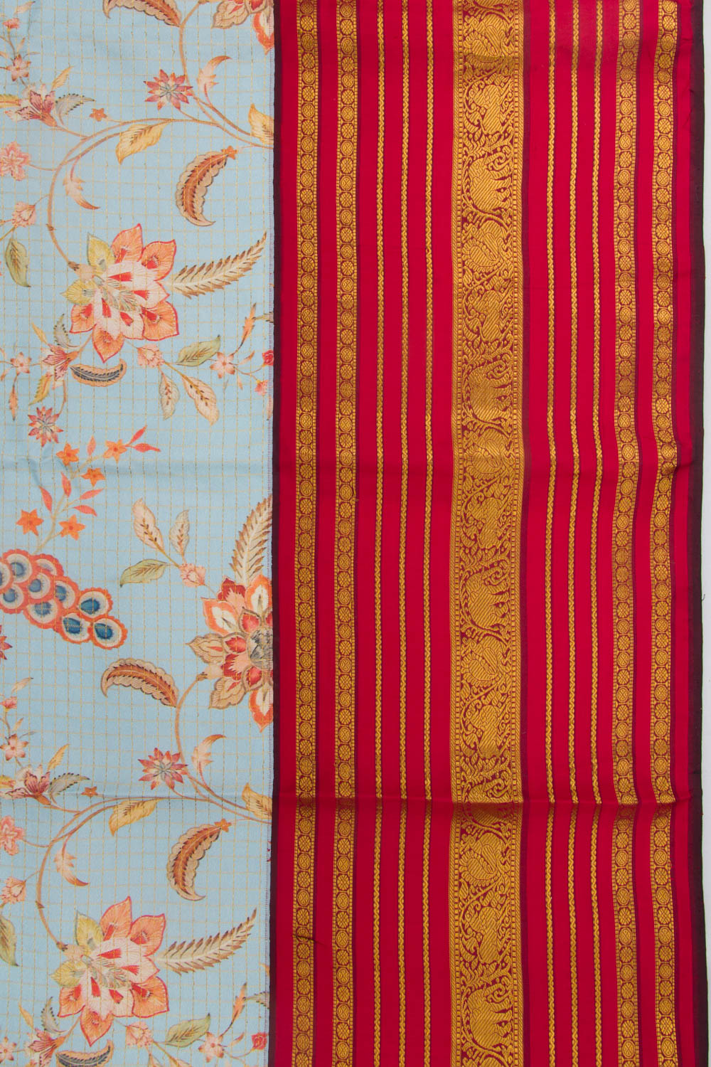 Kanchipuram Silk Checks and Floral Printed Pastel Blue Saree