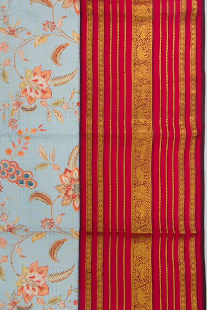 Kanchipuram Silk Checks and Floral Printed Pastel Blue Saree