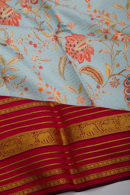 Kanchipuram Silk Checks and Floral Printed Pastel Blue Saree