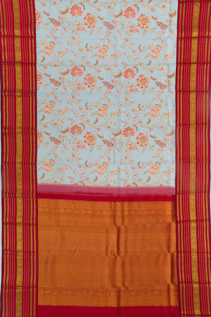 Kanchipuram Silk Checks and Floral Printed Pastel Blue Saree