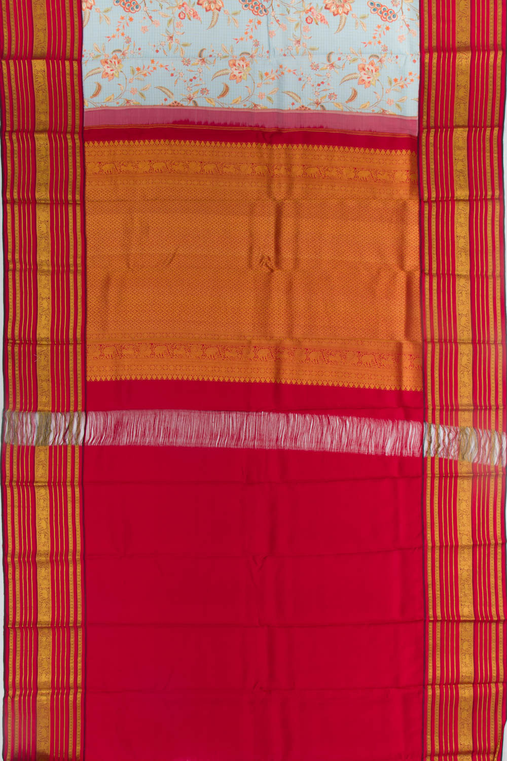 Kanchipuram Silk Checks and Floral Printed Pastel Blue Saree