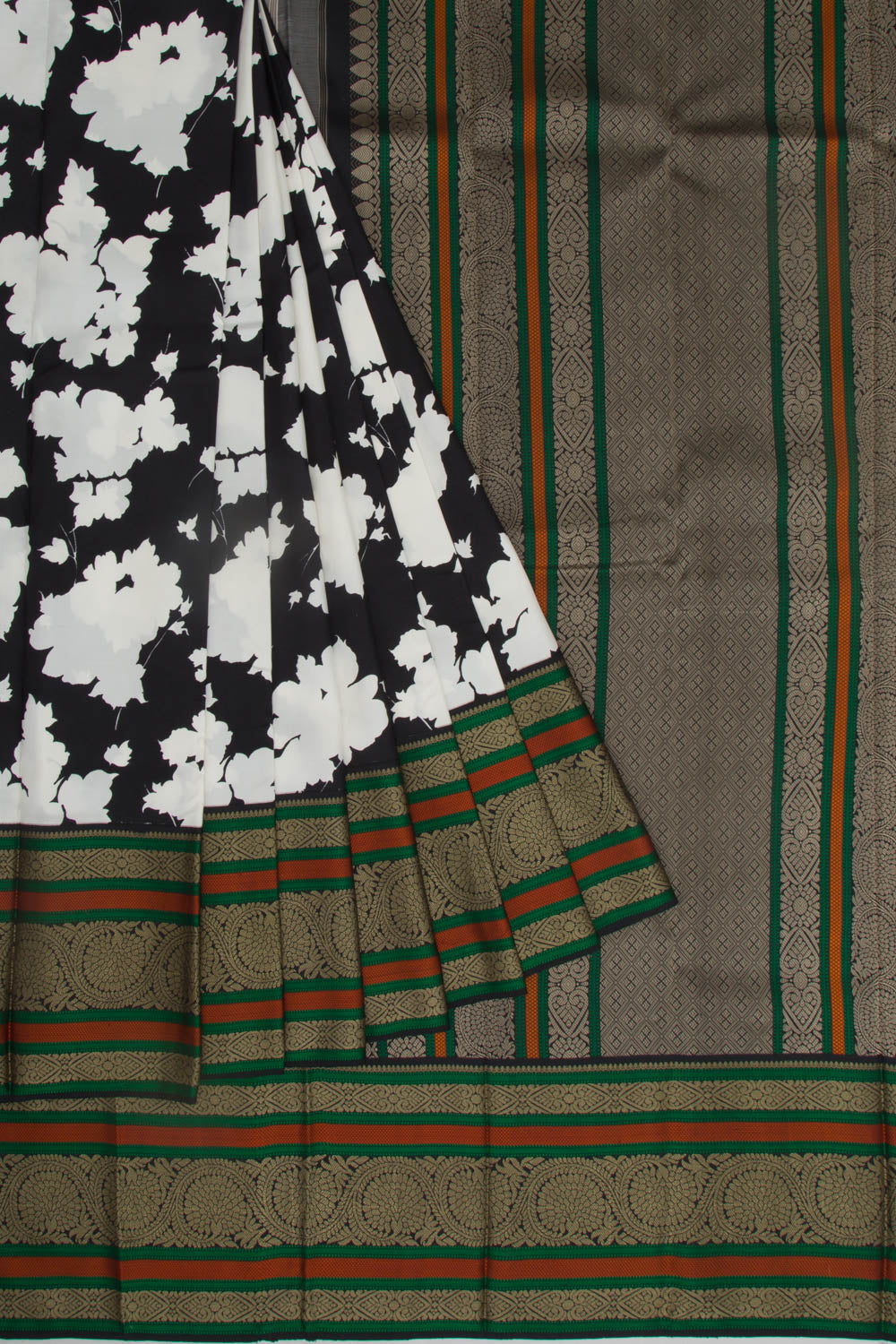 Kanchipuram Silk Floral Printed Black And White Saree