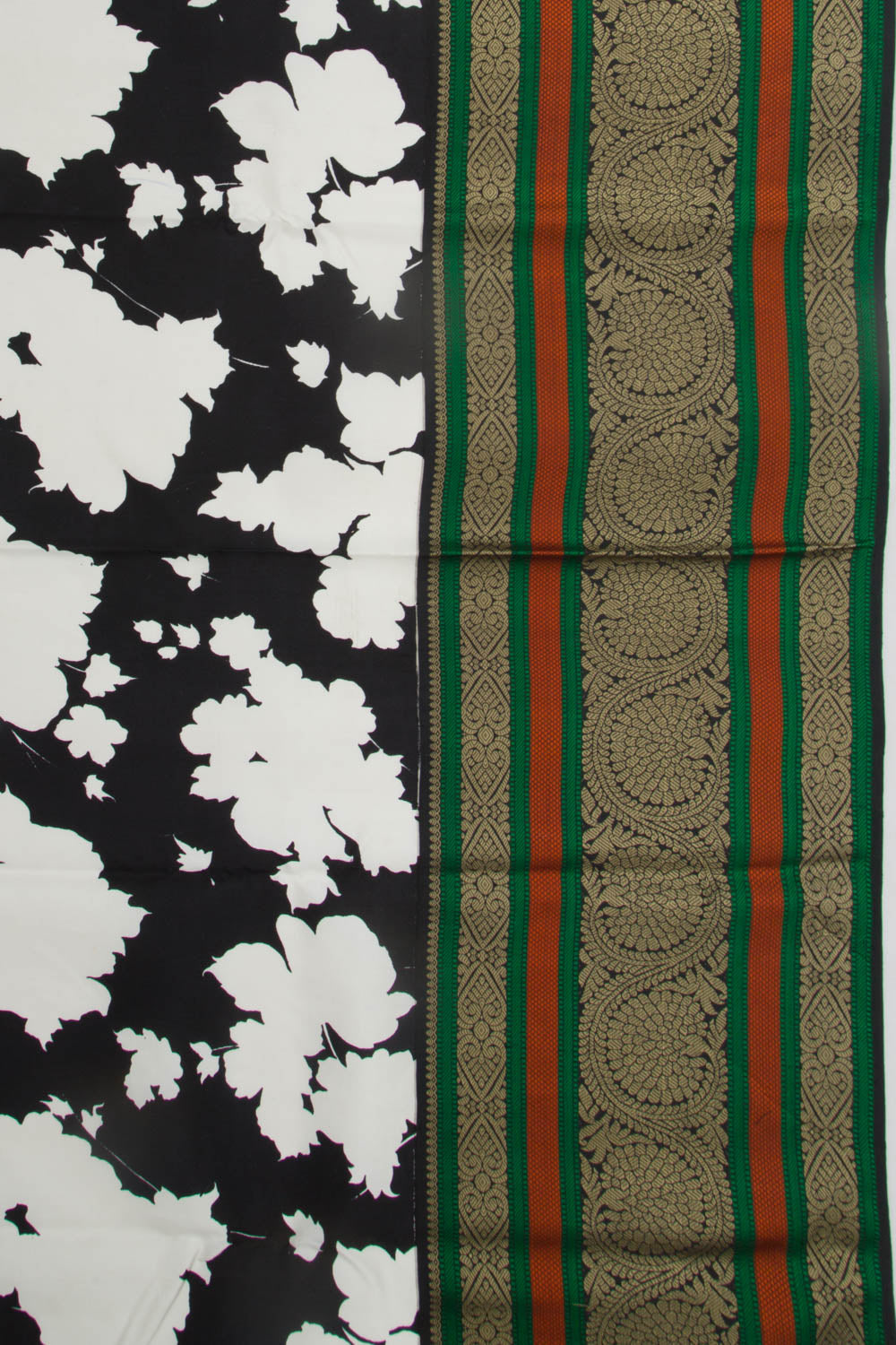 Kanchipuram Silk Floral Printed Black And White Saree