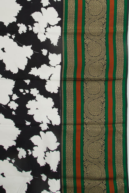 Kanchipuram Silk Floral Printed Black And White Saree