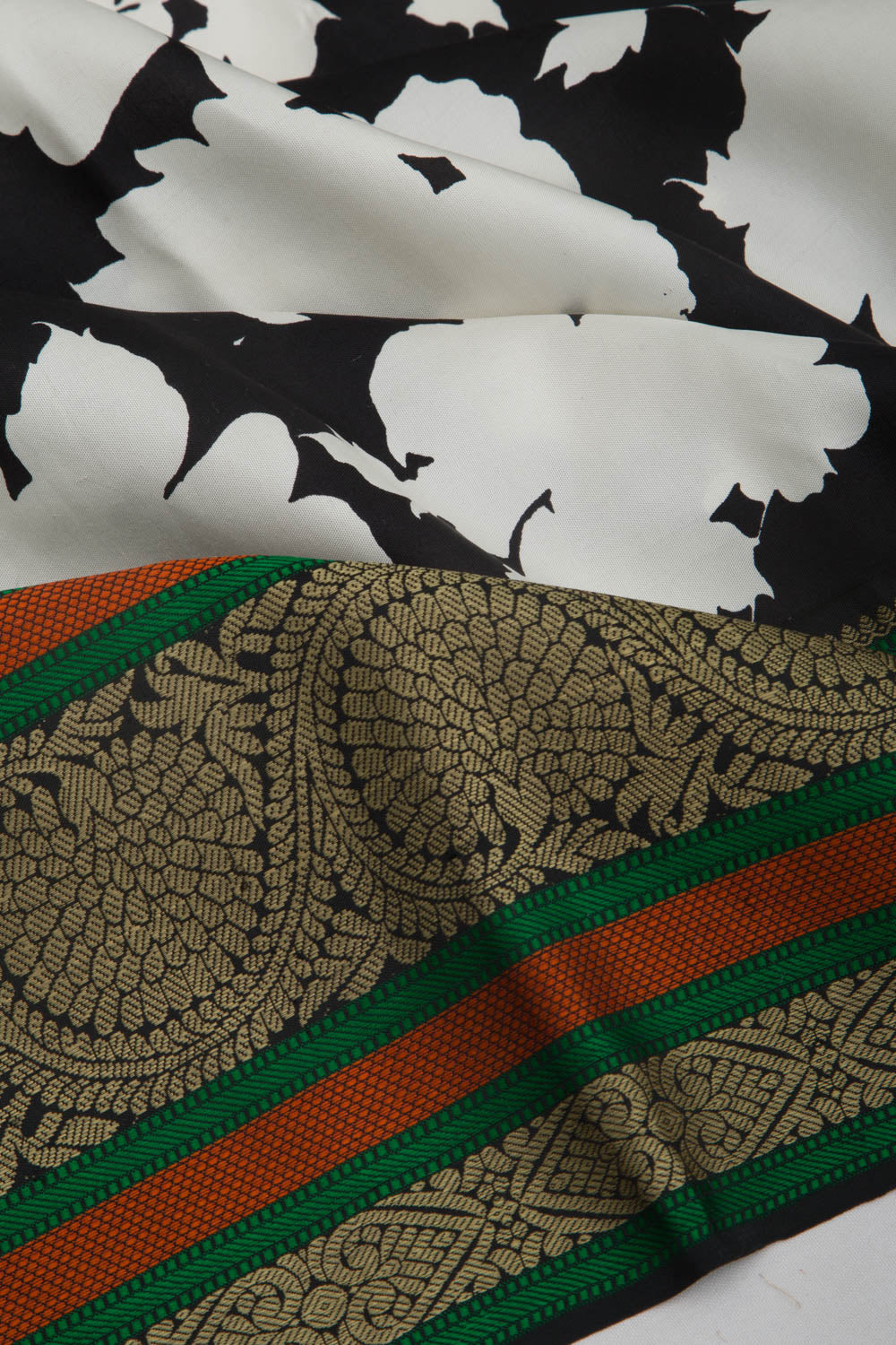 Kanchipuram Silk Floral Printed Black And White Saree