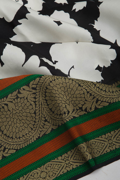 Kanchipuram Silk Floral Printed Black And White Saree