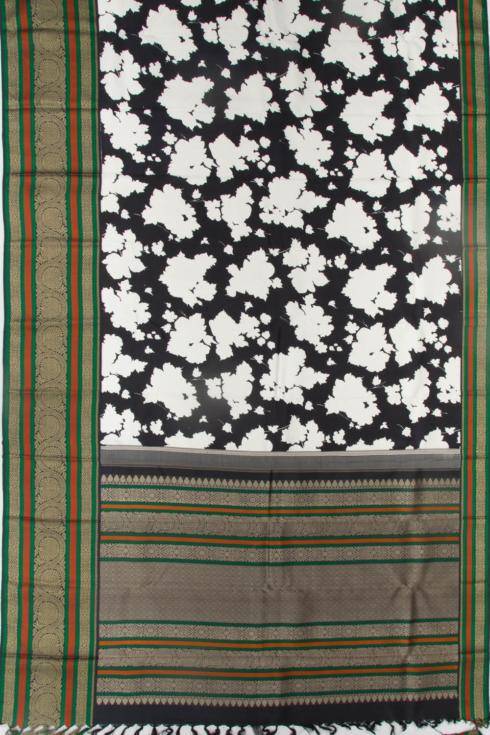 Kanchipuram Silk Floral Printed Black And White Saree