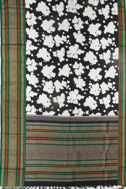 Kanchipuram Silk Floral Printed Black And White Saree
