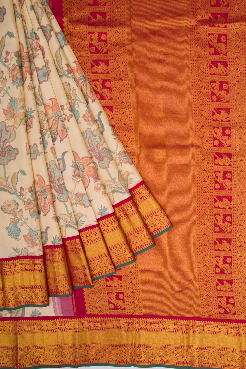 Kanchipuram Silk Floral Printed Cream Saree