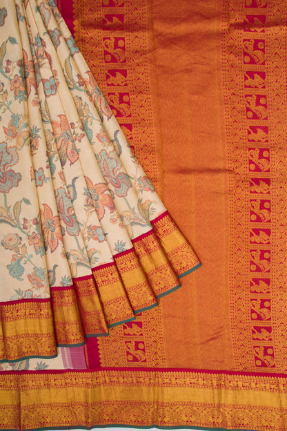 Kanchipuram Silk Floral Printed Cream Saree