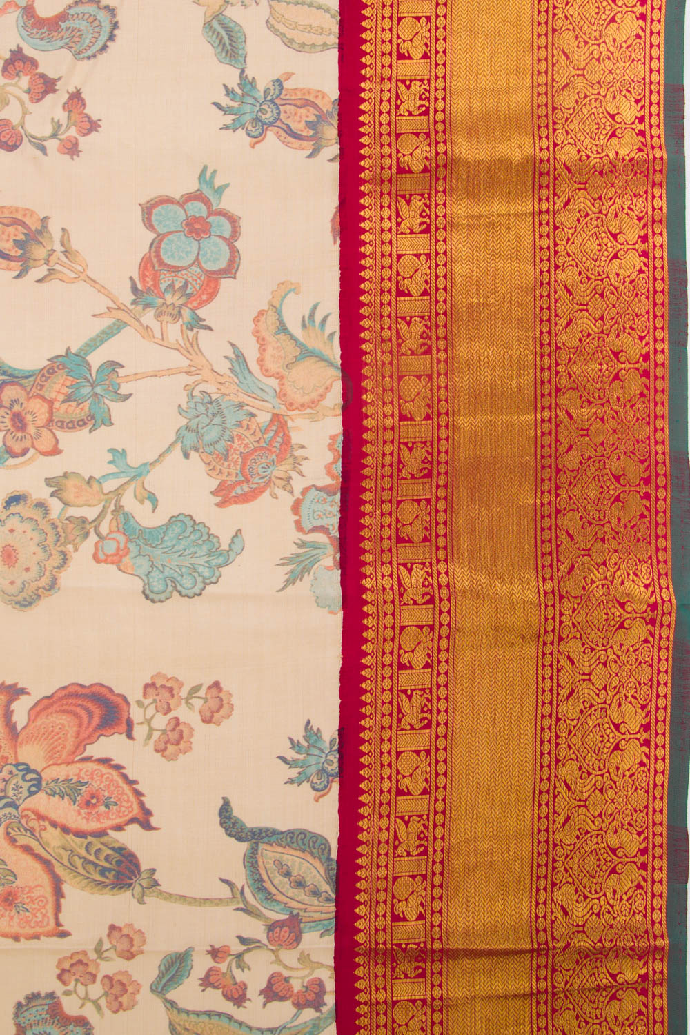 Kanchipuram Silk Floral Printed Cream Saree
