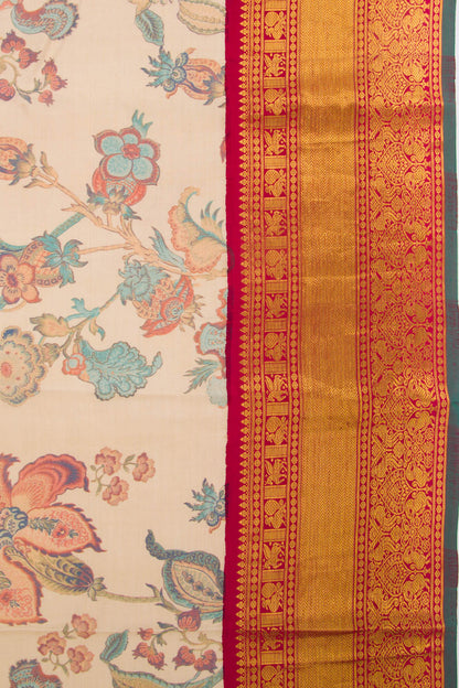 Kanchipuram Silk Floral Printed Cream Saree
