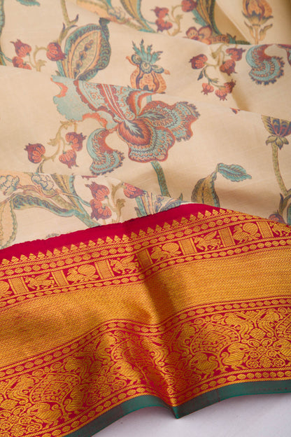Kanchipuram Silk Floral Printed Cream Saree