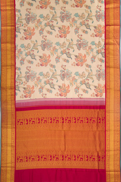 Kanchipuram Silk Floral Printed Cream Saree