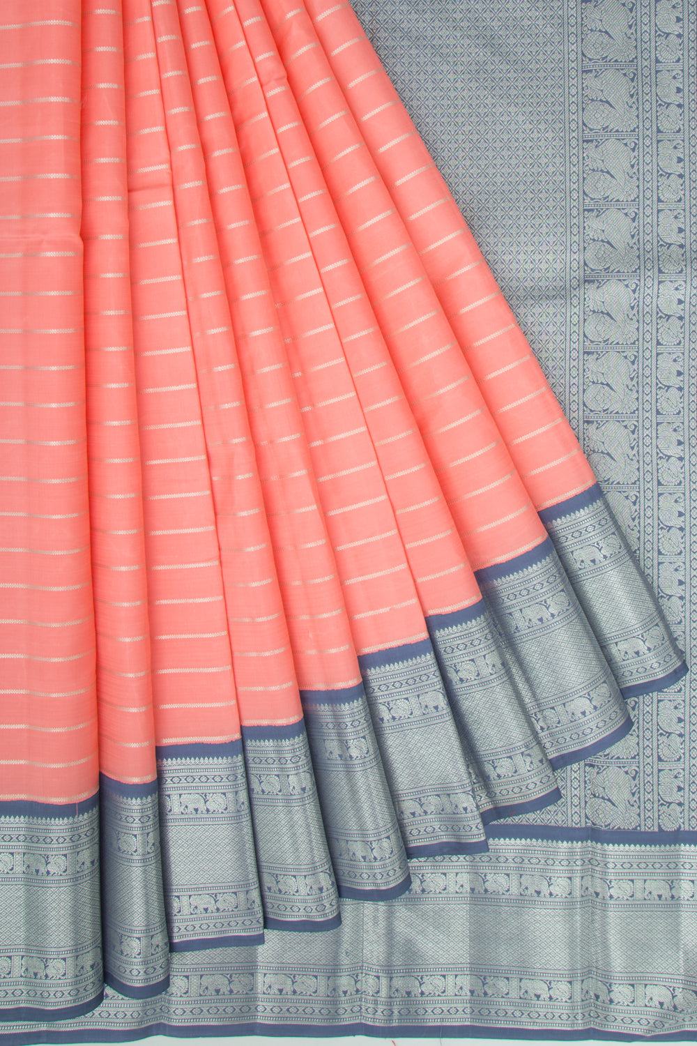 Kanchipuram Silk Horizontal Lines Pastel Orange Saree