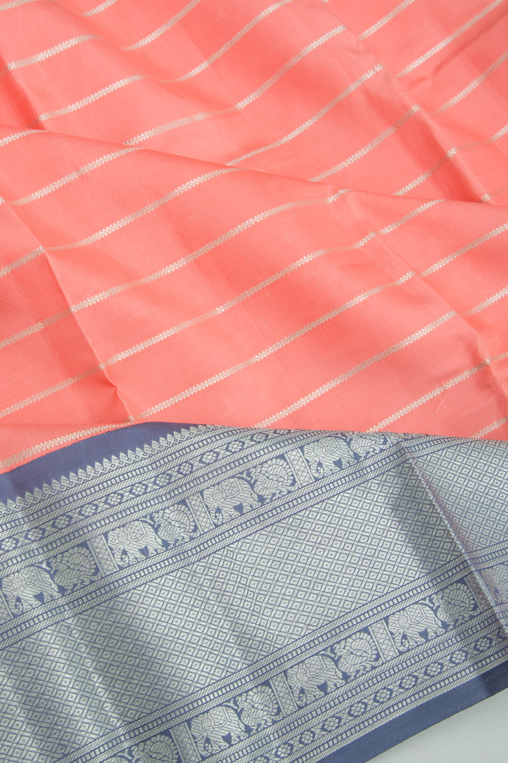 Kanchipuram Silk Horizontal Lines Pastel Orange Saree