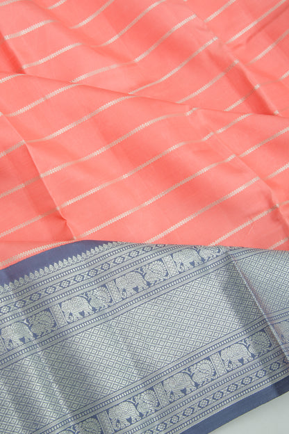 Kanchipuram Silk Horizontal Lines Pastel Orange Saree