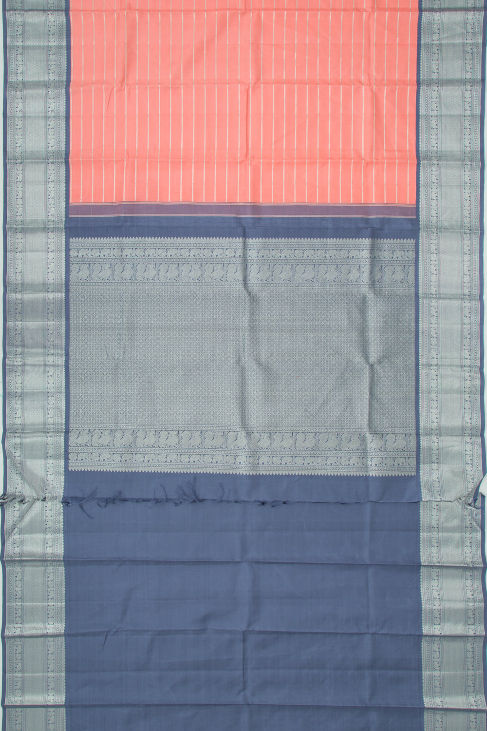 Kanchipuram Silk Horizontal Lines Pastel Orange Saree