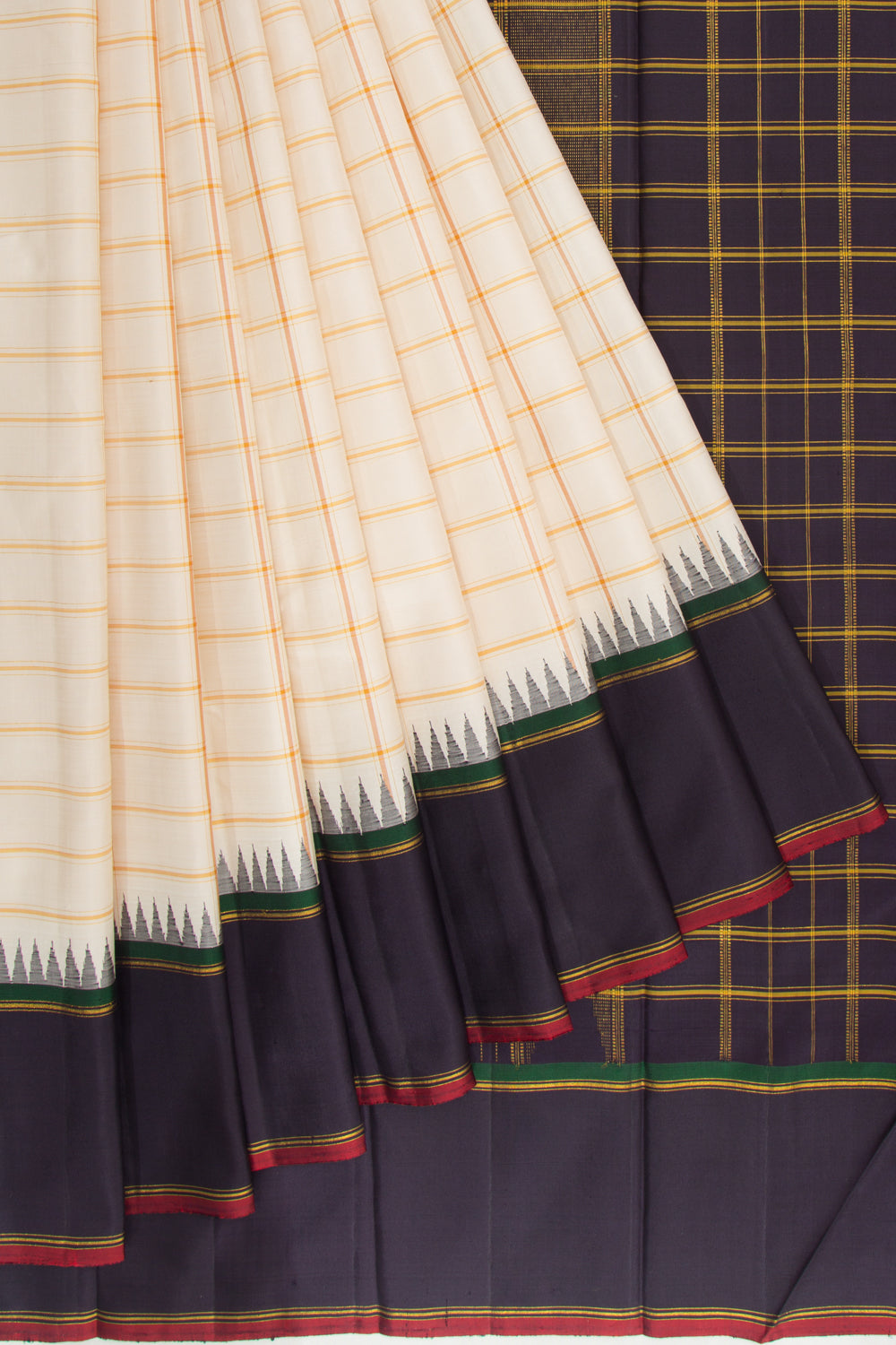 Kanchipuram Silk Checks Cream Saree