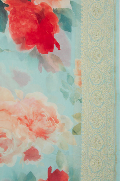 Banarasi Georgette Floral Printed Blue Saree